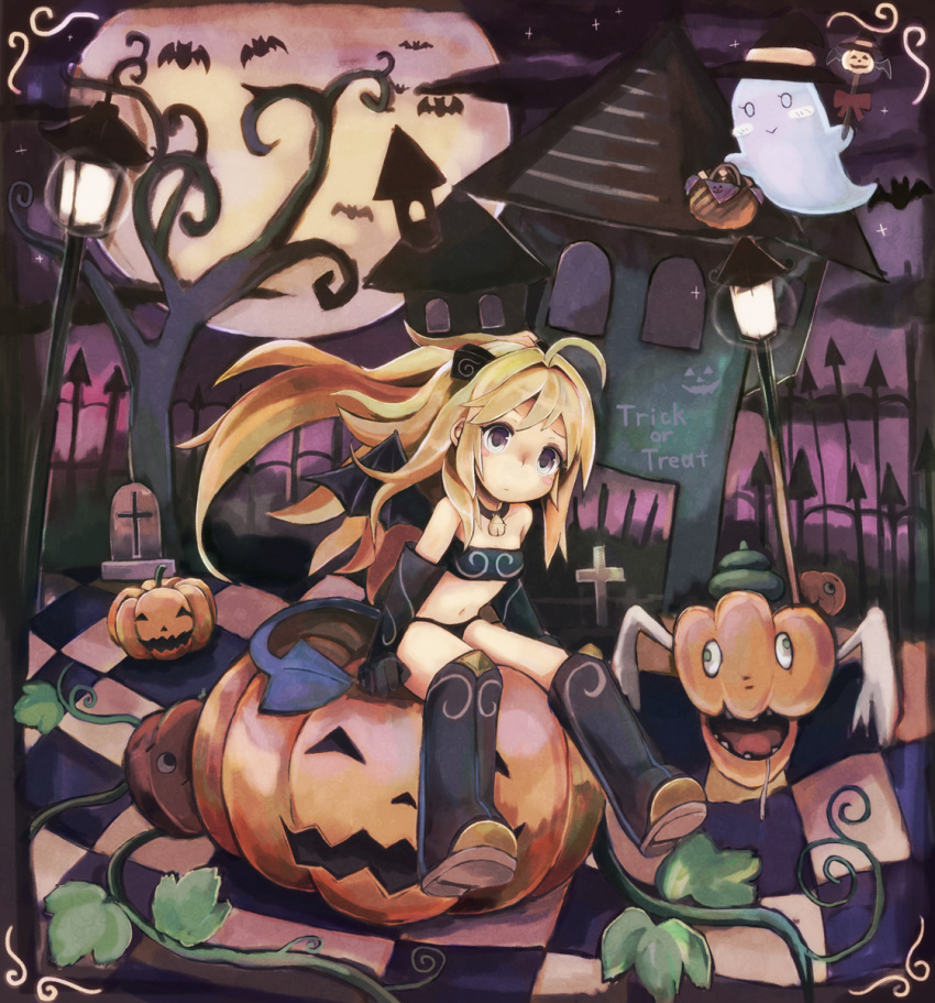 bare_shoulders bat blonde_hair copyright_request demon_tail demon_wings full_moon ghost halloween hat highres jack-o'-lantern jack-o'-lantern lamppost long_hair moon navel paprika_shikiso pashikiso purple_eyes sitting sitting_on_object solo spoo tail tombstone wings witch_hat