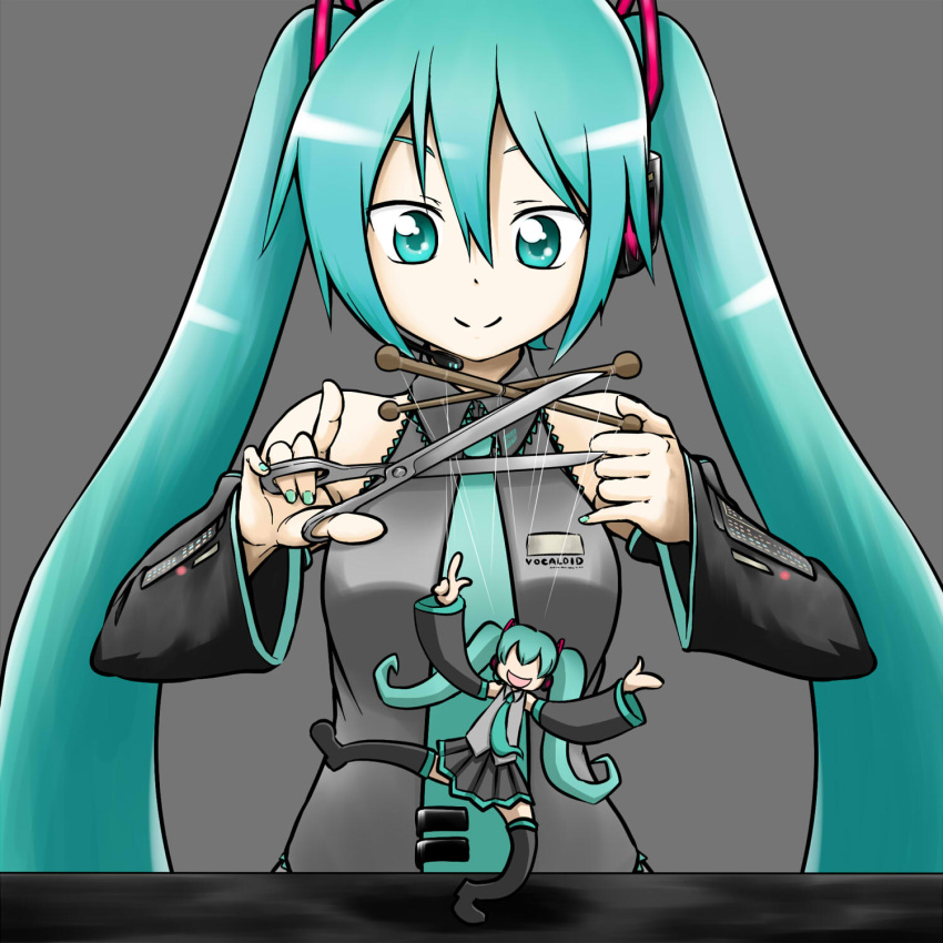 aqua_eyes aqua_hair character_doll detached_sleeves halterneck hanyapunifu hatsune_miku headset highres long_hair nail_polish necktie puppet scissors simple_background solo string twintails vocaloid wide_sleeves