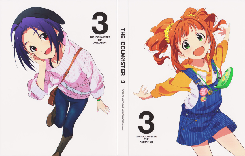 absurdres badge bag belt beret boots button_badge cover denim dvd_cover green_eyes hand_on_own_cheek hand_on_own_face hat highres hoodie idolmaster jeans knee_boots leg_lift long_hair looking_at_viewer miura_azusa multiple_girls nishigori_atsushi official_art open_mouth orange_hair outstretched_arms overalls pants purple_hair raglan_sleeves red_eyes scan short_hair shoulder_bag smile spread_arms standing_on_one_leg sweater takatsuki_yayoi twintails watch wristwatch