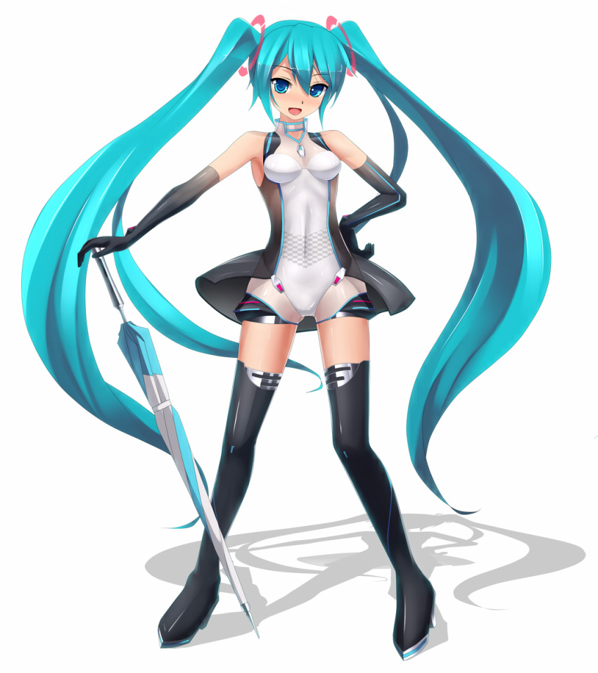 aqua_eyes aqua_hair boots elbow_gloves eto gloves hand_on_hip hatsune_miku highres hips long_hair open_mouth race_queen racequeen simple_background solo thigh-highs thigh_boots thighhighs twintails umbrella very_long_hair vocaloid white_background