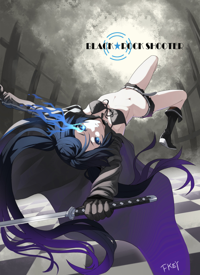 belt bikini_top black_hair black_rock_shooter black_rock_shooter_(character) blue_eyes boots checkered checkered_floor fkey front-tie_top glowing glowing_eye glowing_eyes highres long_hair looking_at_viewer midriff navel scar short_shorts shorts signature solo sword twintails upside-down weapon