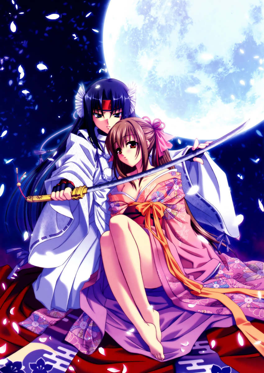 absurdres akai_ito bare_legs bare_shoulders barefoot blue_eyes blue_hair blush breasts brown_hair cleavage collarbone egasumi feet fingerless_gloves floral_print full_moon gloves hatou_kei headband highres japanese_clothes katana kimono legs long_hair looking_at_viewer moon moonlight multiple_girls obi off_shoulder official_art petals ponytail protect protecting red_eyes ribbon senba_uzuki shippou_(pattern) sitting sword traditional_clothes undressing weapon wide_sleeves yasaka_minato