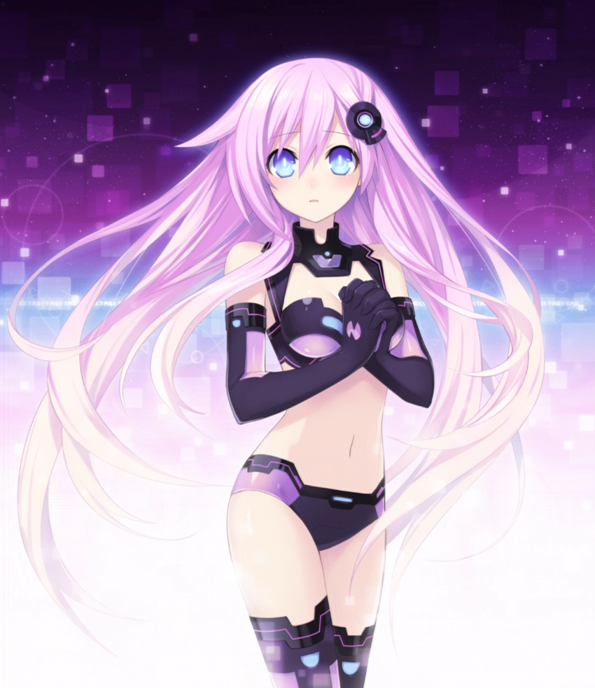 absurdres blue_eyes blush breasts choujigen_game_neptune choujigen_game_neptune_mk2 cleavage elbow_gloves gloves hands_clasped highres navel official_art pink_hair purple_sister solo symbol-shaped_pupils thighhighs tsunako very_long_hair