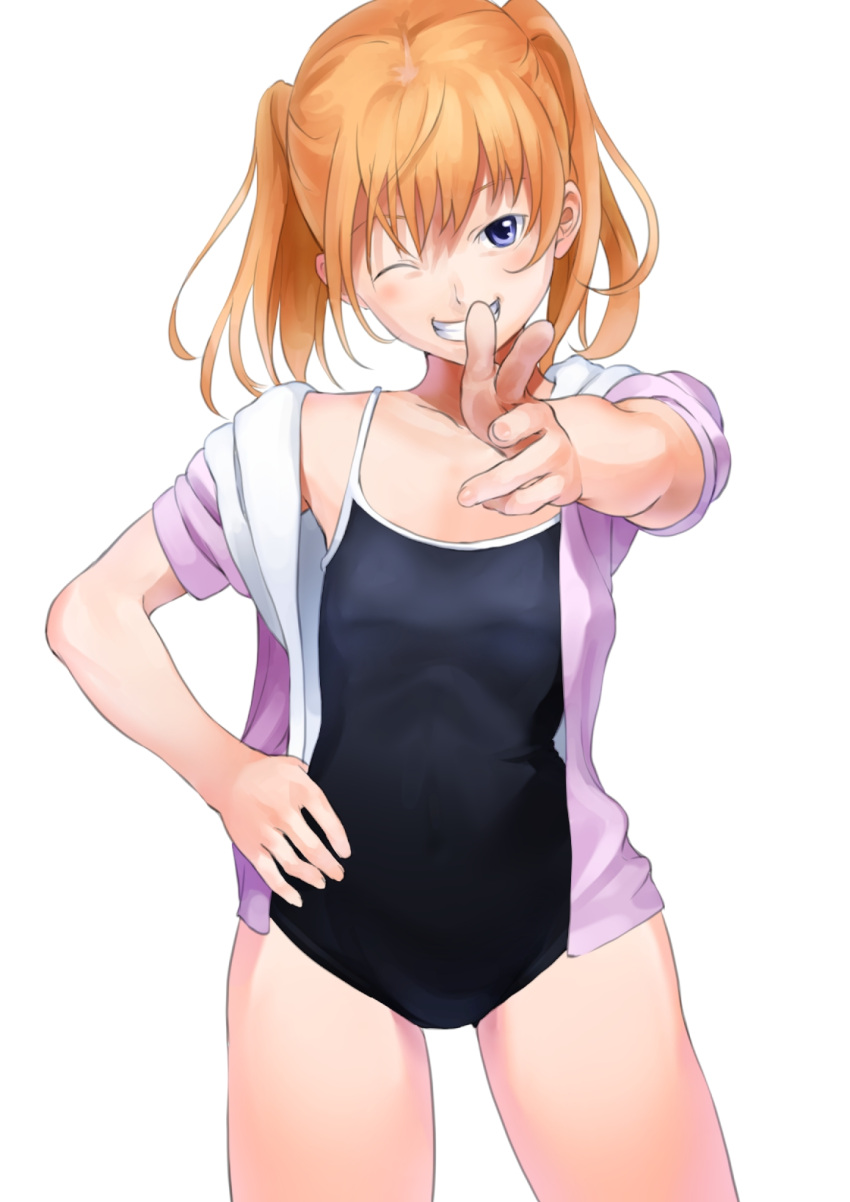 face flat_chest foreshortening grin hand_on_hip hands head_tilt highres hips imaoka one-piece_swimsuit orange_hair pointing pointing_at_viewer purple_eyes school_swimsuit smile swimsuit twintails violet_eyes wink