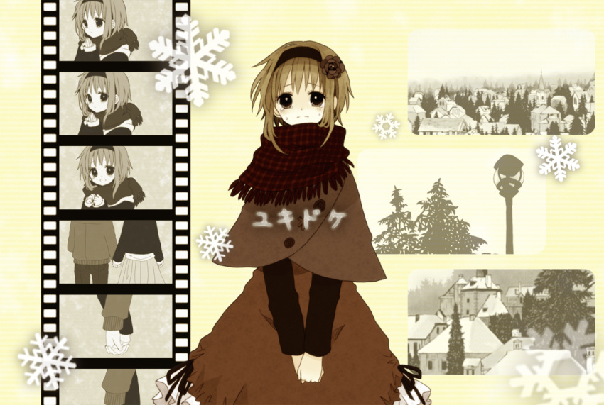 anzu_(o6v6o) crying filmstrip gumi headband lamppost scarf snow snowflake tears trees vocaloid winter
