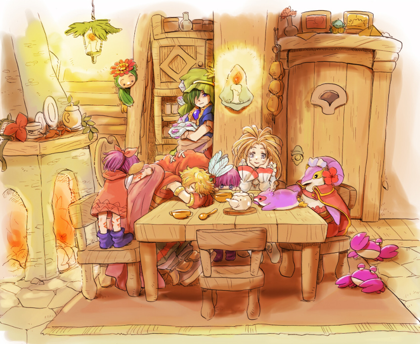 blonde_hair bowl bud_(lom) cabinet cactus candle cat chair character_request crab door elazul feathers fireplace green_hair imu lady_pearl legend_of_mana lil'_cactus lil'_cactus lisa_(lom) mog_(moglist) penguin plate pot purple_hair rug seiken_densetsu spoon table teapot toto valerie_(lom)