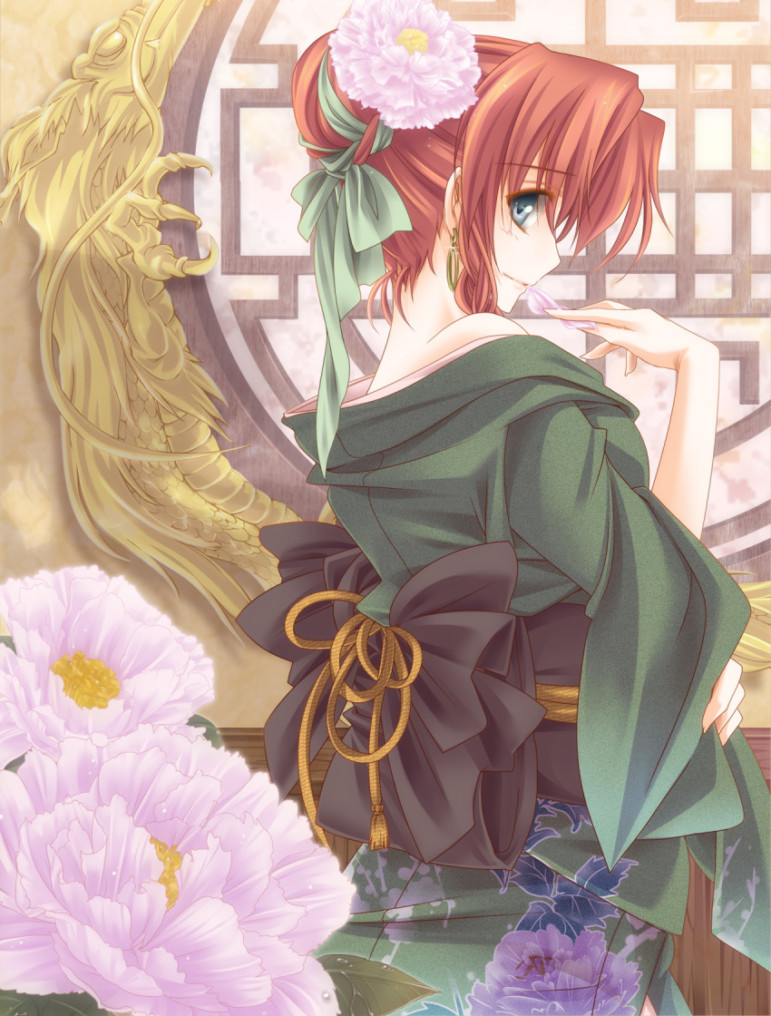alternate_costume alternate_hairstyle bare_shoulders between_fingers blue_eyes claws dragon earrings eastern_dragon finger_to_mouth floral_print flower from_behind hair_bun hair_flower hair_ornament hair_ribbon highres hong_meiling japanese_clothes jewelry kimono looking_back moneti_(daifuku) mouth_hold obi off_shoulder patterned peony_(flower) petals profile red_hair redhead ribbon round_window short_hair smile solo standing tassel touhou wide_sleeves window