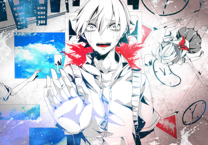 blood blue_sky clock crying jacket kagerou_days_(vocaloid) neckerchief outstretched_arm pipipiosuke pleated_skirt polychromatic road_sign sailor_collar sailor_uniform spot_color tears vocaloid