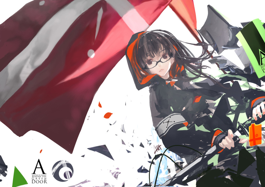 armband black_eyes black_hair crescent cross dutch_angle english flag glasses highres hime_cut holding hoodie katana lin+ long_hair looking_at_viewer open_mouth original sheath signature solo sword unsheathing weapon