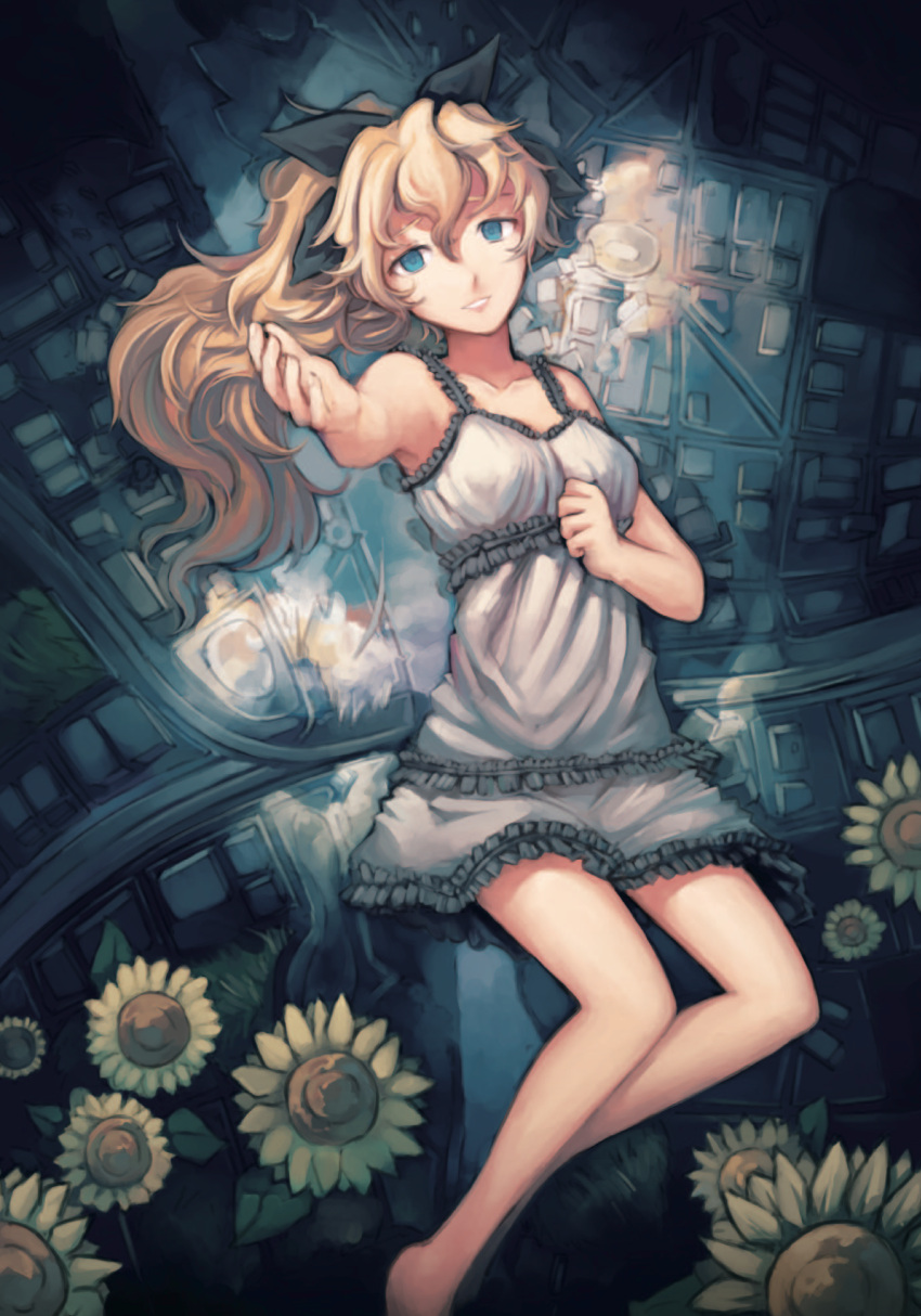 absurdres artbook bare_legs bare_shoulders barefoot blind blonde_hair blue_eyes bow commentary doomfest dress flower frilled_dress frills hair_bow highres jpeg_artifacts katawa_shoujo lips long_hair official_art outstretched_hand ponytail satou_lilly smile solo sunflower white_dress