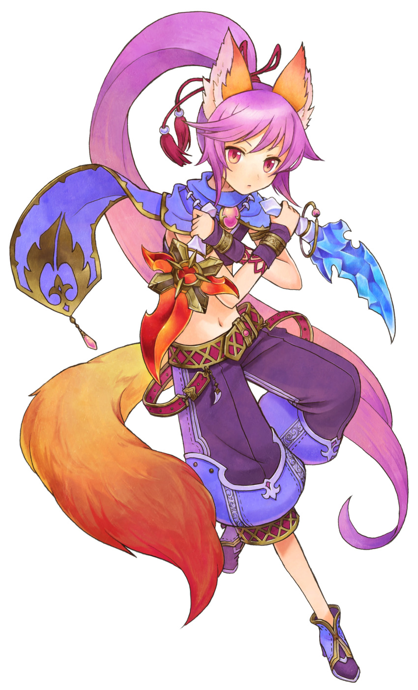 :o absurdres animal_ears armlet artist_request assassin_(harezora_monogatari) bangs belt boots bracelet cape character_request crop_top crossed_arms dagger detached_sleeves dual_wielding fighting_stance flat_chest fox_ears fox_tail gradient_hair hair_ribbon harezora_monogatari high_heels high_ponytail highres jewelry leg_lift long_hair looking_at_viewer midriff multicolored_hair navel necklace official_art open_mouth payot pendant pink_eyes pink_hair ponytail purple_hair red_eyes ribbon shoes simple_background solo standing tail traditional_media very_long_hair weapon white_background