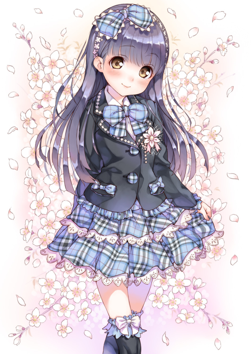 blazer blush bow bowtie checkered checkered_skirt corsage floral_background flower frills hair_bow hair_ribbon highres kink lace lace-trimmed_skirt long_hair original purple_hair ribbon shiny shiny_hair skirt solo yellow_eyes