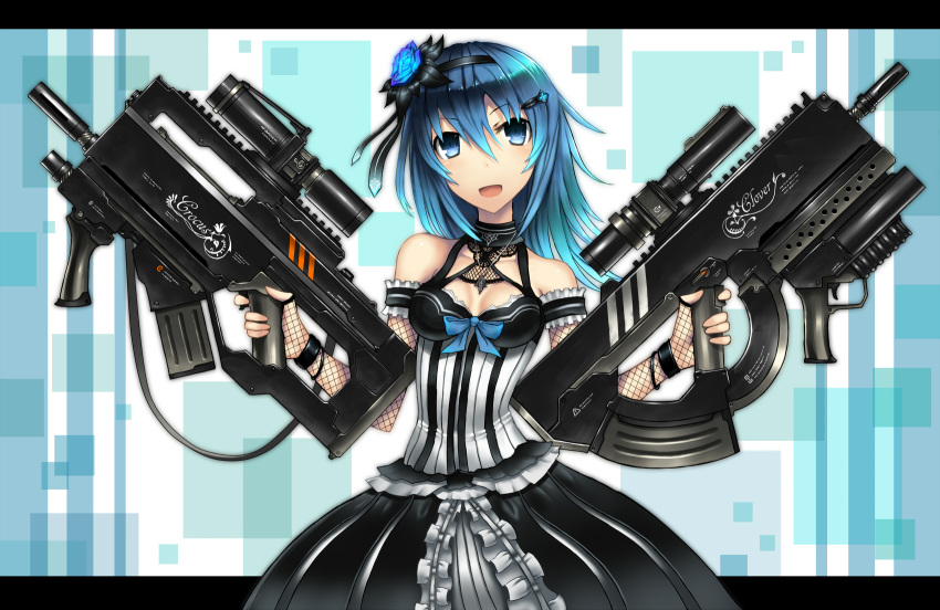 blue_eyes blue_hair bullpup copyright_request dress dual_wielding flower gia grenade_launcher gun hair_ornament highres letterboxed open_mouth outside_of_border scope solo underbarrel_grenade_launcher weapon