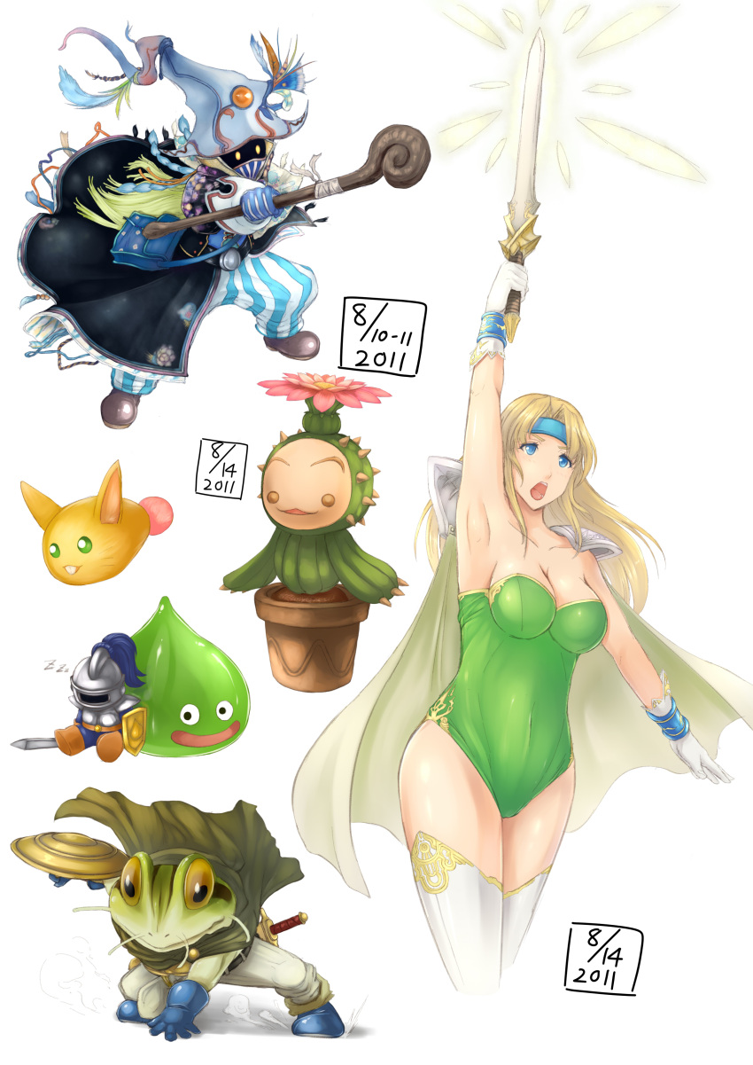 arm_up armor armpits bad_id blonde_hair blue_eyes boots breasts cactus cape celes_chere character_request chrono_trigger cleavage dated dragon_quest female final_fantasy final_fantasy_ix final_fantasy_vi flower gloves glowing_eyes hat headband highres kaeru_(chrono_trigger) legend_of_mana leotard lil'_cactus lil'_cactus long_hair male open_mouth pants pauldron pauldrons rabite robe seiken_densetsu series_request shield shoulder_pads slime_(dragon_quest) staff sword thigh-highs thighhighs visualcat vivi_ornitier weapon white_gloves witch_hat yellow_eyes z