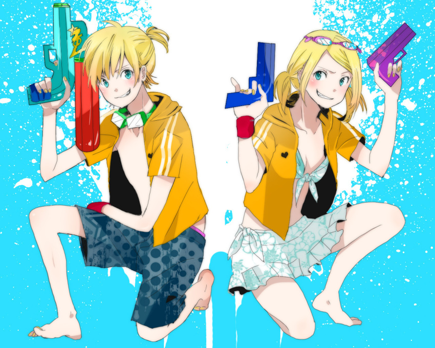 1girl 510 barefoot bikini_skirt bikini_top blonde_hair brother_and_sister casual dual_wielding front-tie_top glasses_on_head goggles goggles_around_neck grin hoodie kagamine_len kagamine_rin looking_at_viewer short_hair shorts siblings skirt smile twins twintails vocaloid water_gun