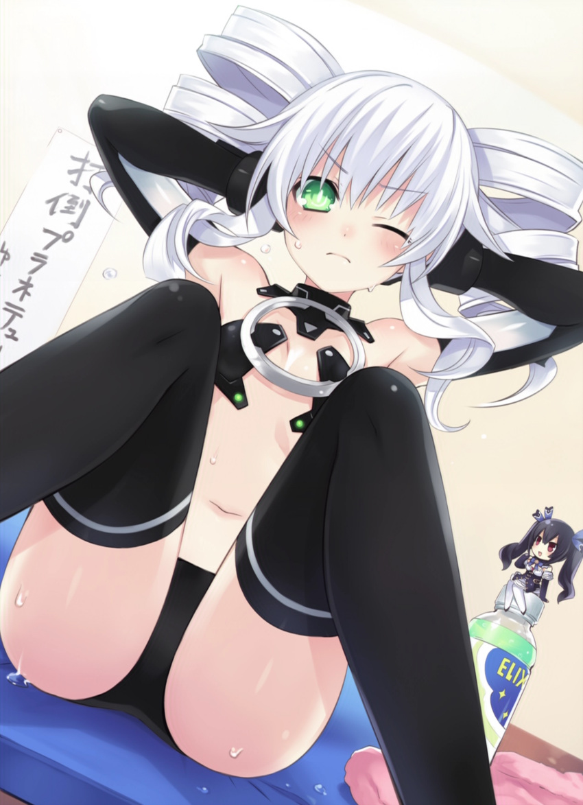 absurdres armpits arms_up black_sister chibi choujigen_game_neptune choujigen_game_neptune_mk2 drill_hair elbow_gloves flat_chest frown gloves green_eyes highres midriff multiple_girls navel noire short_hair siblings silver_hair sisters sweat symbol-shaped_pupils thighhighs tsunako twin_drills uni_(choujigen_game_neptune) uni_(neptune) wink
