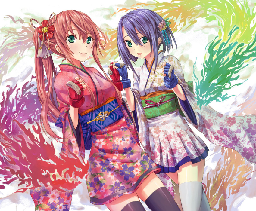 black_legwear blue_hair brass_knuckles fingerless_gloves floral_print flower gloves green_eyes hair_flower hair_ornament japanese_clothes kaeru314 kimono long_hair momoko_(kaeru314) multiple_girls obi original pink_hair ponytail red_hair ruri_(kaeru314) short_hair short_kimono smile thigh-highs thighhighs twintails weapon white_legwear zettai_ryouiki