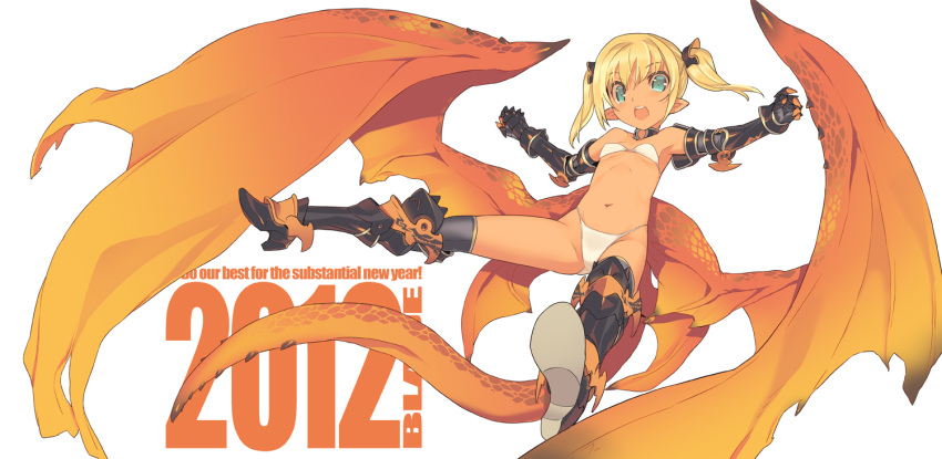 2012 aqua_eyes armpits bare_shoulders blade_(lovewn) blonde_hair boots bra child dragon_girl dragon_tail dragon_wings engrish flat_chest gauntlets greaves green_eyes lingerie low_wings monster_girl navel new_year open_mouth original panties pointy_ears ranguage short_hair solo tail thigh-highs thighhighs twintails underwear white_panties wings