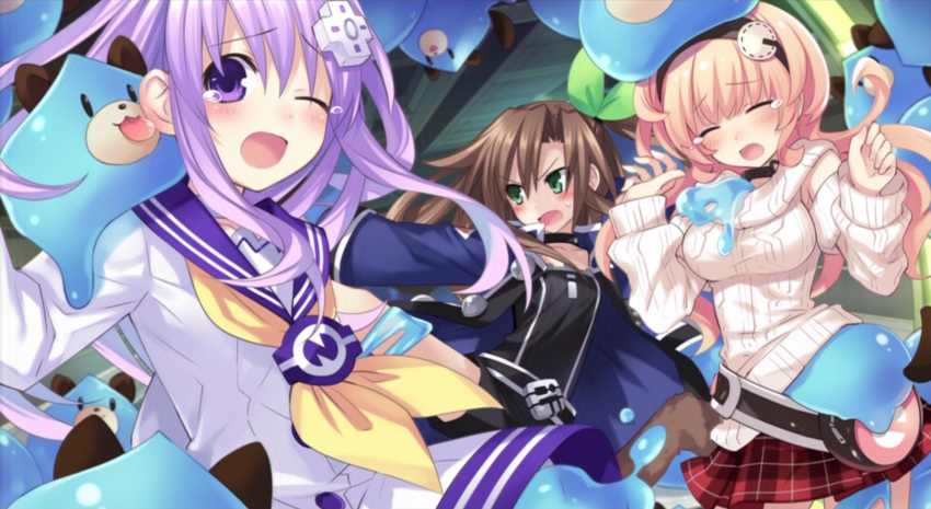 absurdres bow brown_hair choujigen_game_neptune choujigen_game_neptune_mk2 closed_eyes compa dogoo ears eyes_closed green_eyes hair_bow hairband highres if_(choujigen_game_neptune) nepgear nepgear_(neptune) official_art open_mouth pink_hair purple_eyes purple_hair slime source_request sweat tears tongue tsunako violet_eyes wince