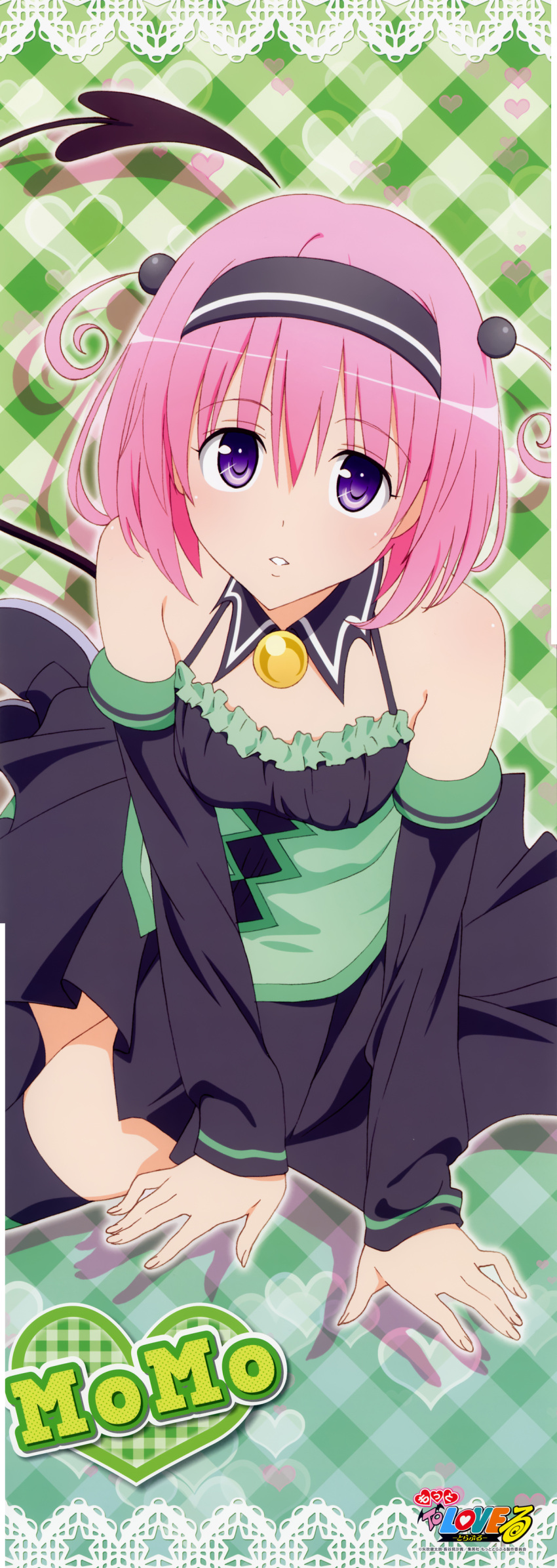 1girl dress green_eyes highres long_image looking_at_viewer momo_velia_deviluke official_art open_mouth pink_hair purple_eyes scan short_hair sitting solo stick_poster tail tall_image thigh-highs thighhighs tighhighs to_love-ru toloveru twintails violet_eyes