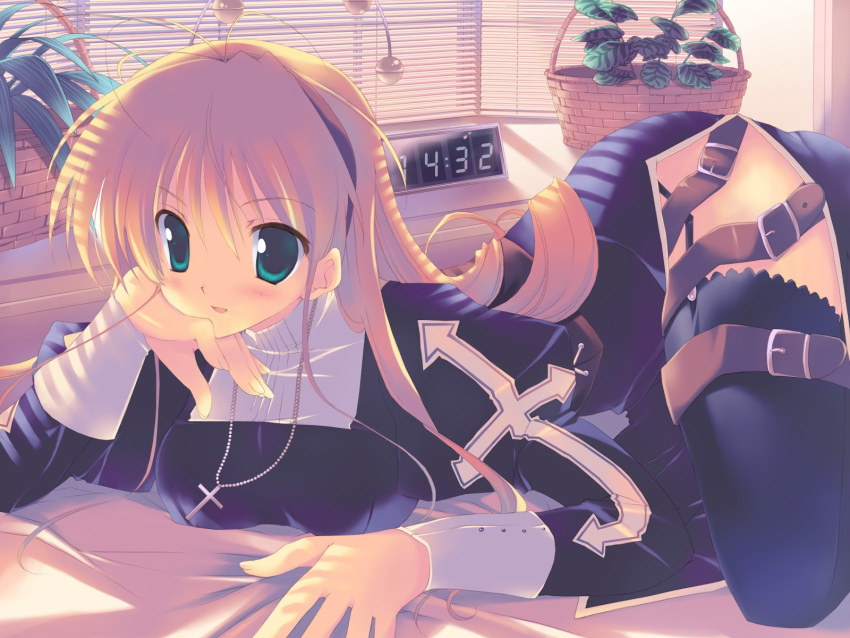 alarm_clock antenna_hair artist_request bed blonde_hair blue_eyes blush breasts clock cross game_cg garter_straps hairband highres jewelry large_breasts long_hand looking_at_viewer lyrical_ds mikeou miraroma necklace open_mouth plant seihouin_erika solo source_request thigh-highs thighhighs