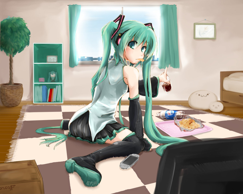 :3 arm_support bed boots checkered curtains detached_sleeves glass green_eyes green_hair hachune_miku hatsune_miku highres long_hair looking_back maszom mouth_hold pepsi plant playstation_portable potato_chips sitting skirt solo thigh-highs thigh_boots thighhighs twintails very_long_hair vocaloid wariza window