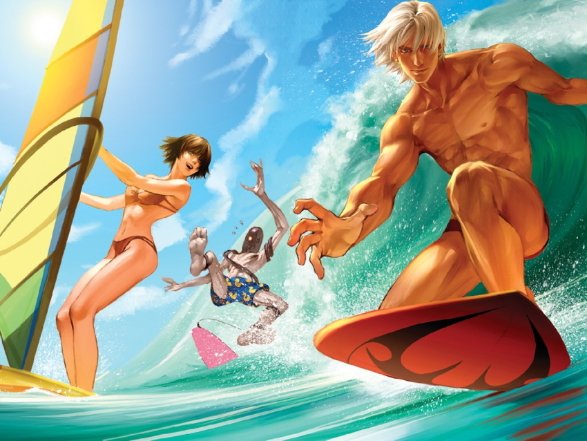 1girl abs bikini blue_eyes blue_sky brown_hair dante demon devil_may_cry highres jo_chen lady lady_(devil_may_cry) monster muscle psm shirtless short_hair shorts sky speedo sun surfboard surfing swim_trunks swimsuit wallpaper water waves white_hair windsurfing