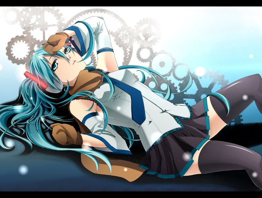 blue_eyes blue_hair brown_scarf detatched_sleeves earmuffs gears hand_on_forehead hatsune_miku lying mittens necktie on_back open_mouth scarf skirt tagme tight-highs vocaloid