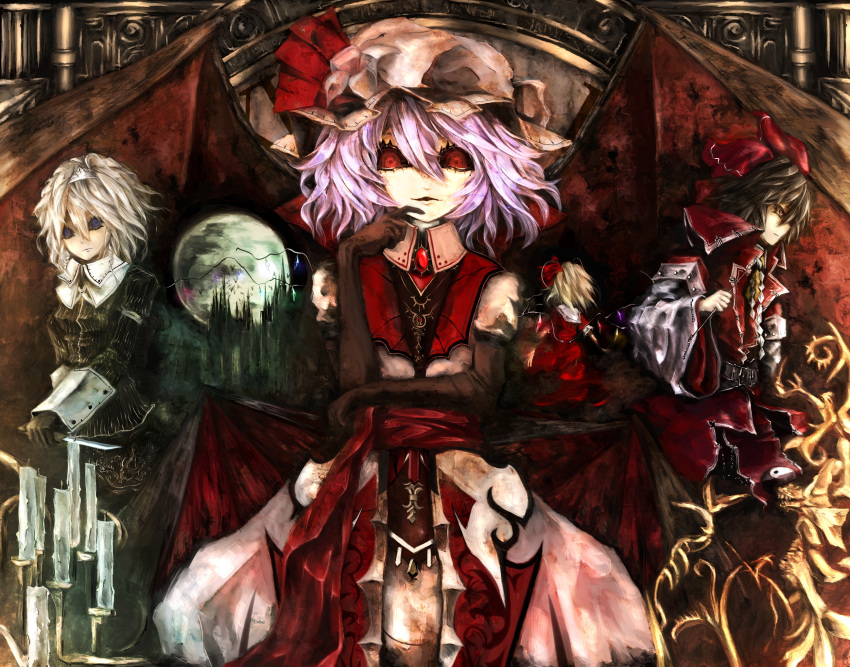 alternate_costume ascot back bad_id bat_wings blonde_hair blue_hair blush bow brown_hair castle clock dress elbow_gloves flandre_scarlet gloves gohei hair_bow hair_tubes hakurei_reimu highres hiro_j hirojou izayoi_sakuya jacket knife koumajou_densetsu long_hair moon multiple_girls night red_eyes remilia_scarlet short_hair siblings side_ponytail sisters skirt throwing_knife touhou weapon wings