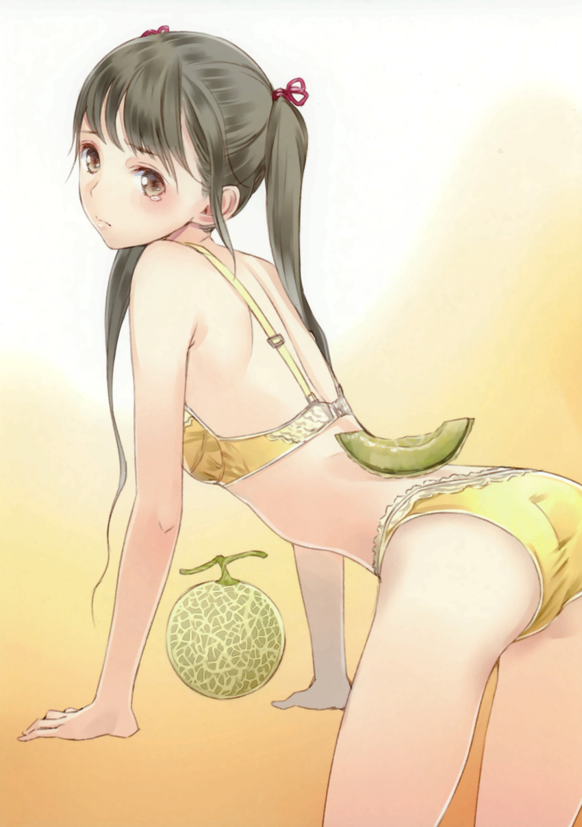 absurdres arched_back arm_support ass back bare_shoulders bent_over black_eyes black_hair bra brown_eyes flat_chest food fruit gradient gradient_background hair_ribbon highres kishida_mel leaning_forward lingerie long_hair looking_back melon original panties ribbon solo tears twintails underwear white_background yellow_background