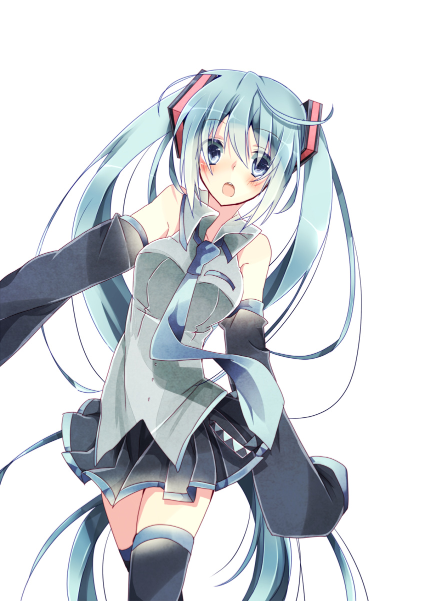 aqua_eyes aqua_hair bad_id blush detached_sleeves hatsune_miku highres kishi_naon long_hair necktie open_mouth simple_background skirt sleeves_past_wrists solo thigh-highs thighhighs twintails very_long_hair vocaloid white_background