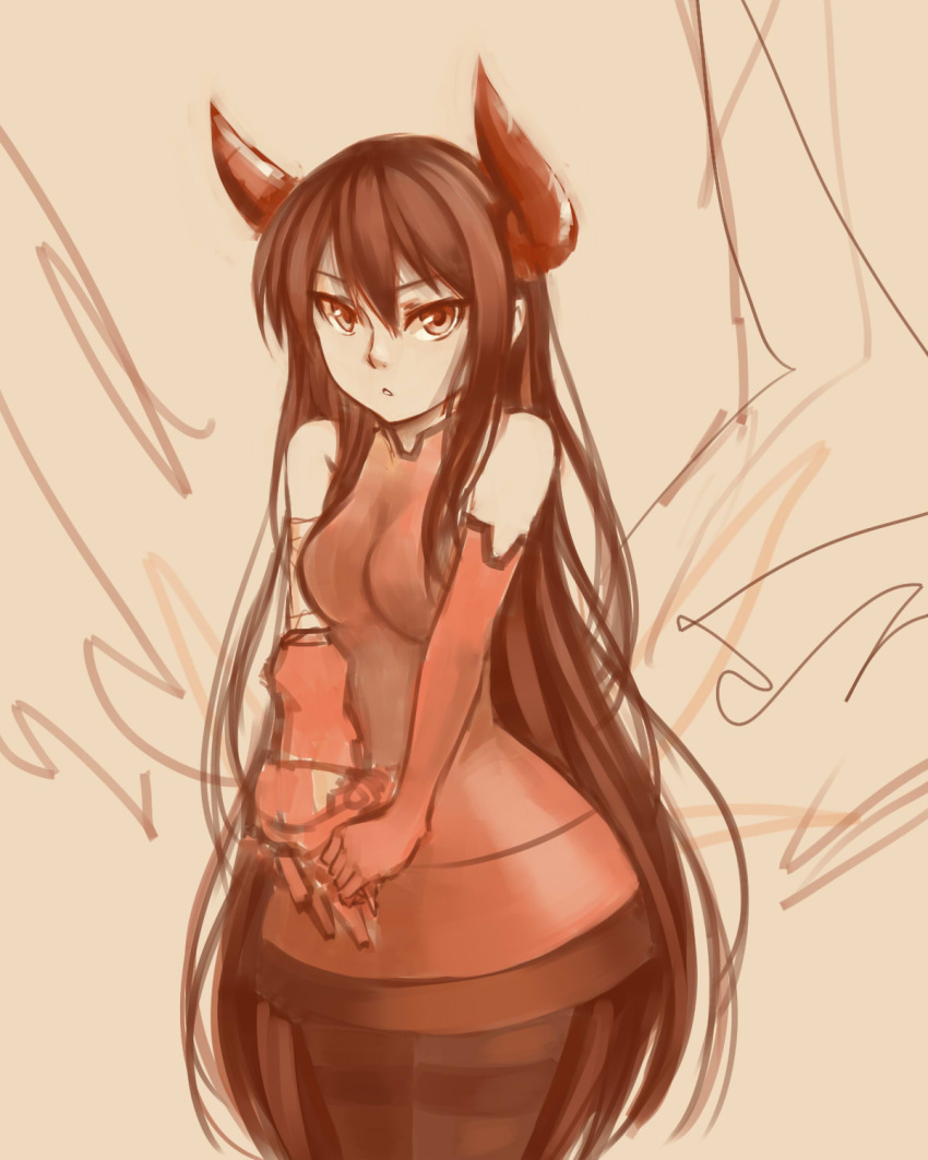 akka_(oniro) bandage bandages bare_shoulders breast_squeeze breasts claw_(weapon) gloves halterneck highres horns long_hair minidress oniro pantyhose pas_(paxiti) red_gloves single_elbow_glove single_glove sketch solo very_long_hair
