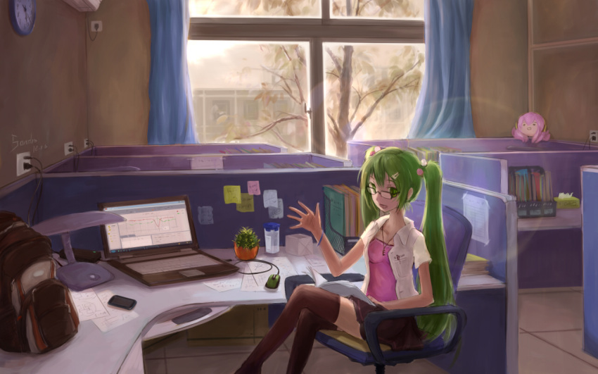 bespectacled bracelet clock computer crossed_legs curtains electric_socket glasses green_eyes green_hair hatsune_miku jewelry lamp laptop legs_crossed lens_flare long_hair megurine_luka necklace office office_chair plant sandro sitting skirt solo spark_(sandro) takoluka thigh-highs thighhighs twintails very_long_hair vocaloid waving window