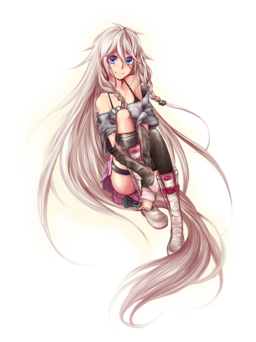arm_warmers bad_id bare_shoulders blue_eyes boots highres ia_(vocaloid) leg_hug long_hair looking_at_viewer microphone off_shoulder pink_hair simple_background single_thighhigh sitting skirt smile solo thigh-highs thigh_strap thighhighs very_long_hair vocaloid