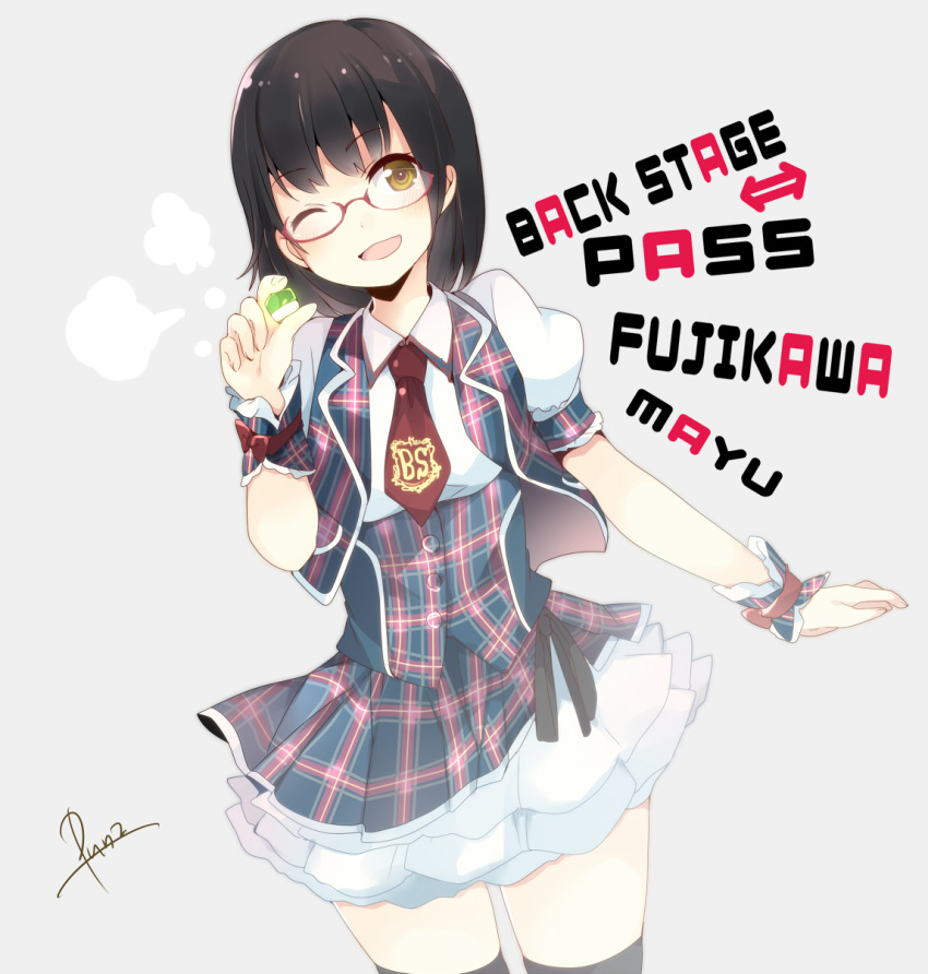 bad_id black_hair black_legwear blush glasses highres holding looking_at_viewer necktie open_mouth original pun2 red-framed_glasses short_hair simple_background skirt solo thigh-highs thighhighs vest wink wrist_cuffs yellow_eyes