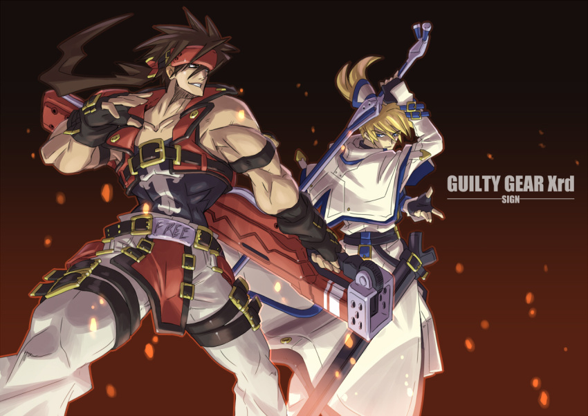 2boys blonde_hair blue_eyes brown_hair capelet copyright_name fingerless_gloves gloves guilty_gear guilty_gear_xrd hair_ribbon headband king_of_unlucky ky_kiske long_hair multiple_belts multiple_boys muscle ponytail reverse_grip ribbon short_ponytail sol_badguy spiky_hair sword thigh_strap weapon