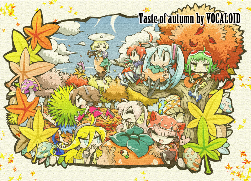 animal_ears aqua_eyes aqua_hair autumn black_eyes blonde_hair blue_hair brown_hair chibi clouds earmuffs food goggles green_eyes green_hair guitar gumi hatsune_miku headphones japanese_clothes kagamine_len kagamine_rin kaito kamui_gakupo katana leaves lily_(vocaloid) long_hair megurine_luka meiko miki_(vocaloid) nekomura_iroha pink_hair purple_hair red_hair redhead short_hair sky sword thigh-highs thighhighs tree twintails vocaloid weapon