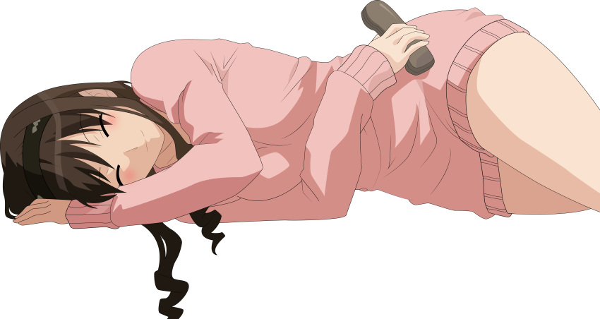 amagami blush bottomless brown_hair closed_eyes curly_hair eyes_closed hairband highres lying morishima_haruka naked_sweater no_pants on_side phone smile solo sweater transparent_background vector_trace