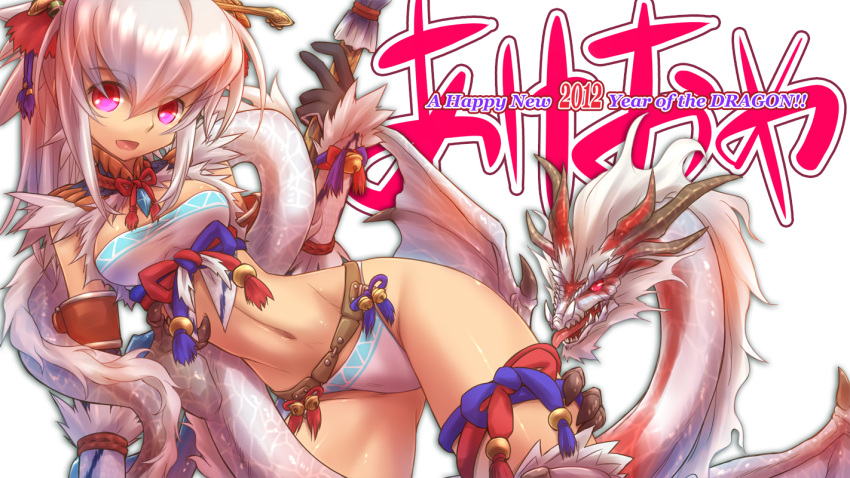 2012 armor blush capcom dragon eastern_dragon elbow_gloves fatalis gloves happy_new_year kirin_(armor) long_hair looking_at_viewer midriff monster_hunter monster_hunter_portable_3rd navel new_year open_mouth panties red_eyes shiny shiny_skin solo tongue tsukigami_chronica underwear weapon white_fatalis white_hair