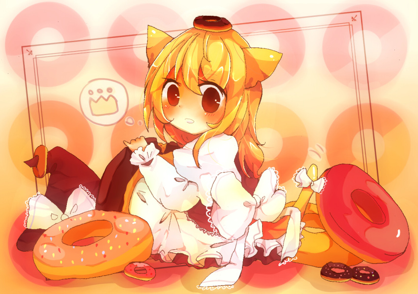 animal_ears apron bite_mark blonde_hair blush bow cat_ears cat_tail crown doughnut eating frills hat hat_ribbon kirisame_marisa long_hair nanahamu open_mouth pastry pinky_out red_eyes ribbon sitting tail tail_bow tail_wagging touhou witch witch_hat