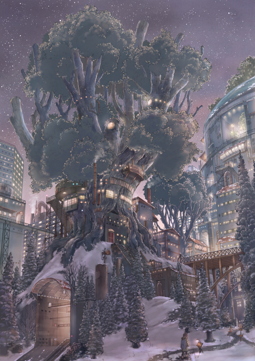 bag bridge building chimney city cola_(gotouryouta) hat highres lamp night night_sky original outstretched_arms path road road_sign sign sky snow spread_arms stairs star_(sky) starry_sky tree treehouse walking winter_clothes