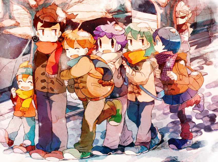 blue_hair breath brown_hair car closed_eyes coat eyes_closed friends hakuryuu_(inazuma_eleven) inazuma_eleven inazuma_eleven_(series) inazuma_eleven_go kariya_masaki matsukaze_tenma mocha_(mokaapolka) motor_vehicle nishizono_shinsuke open_mouth scarf short_hair smile snow sorano_aoi stalking street sunglasses tree tsurugi_kyousuke vehicle walking winter