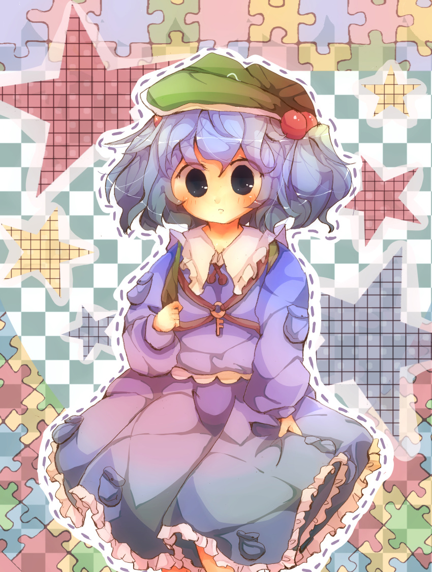 absurdres arm_up blue_eyes blue_hair blush dotted_lines dotted_outline dress frilled_dress frills hat highres holding jigsaw_puzzle kawashiro_nitori key nanahamu open_mouth pocket short_hair short_twintails solo star strap touhou twintails