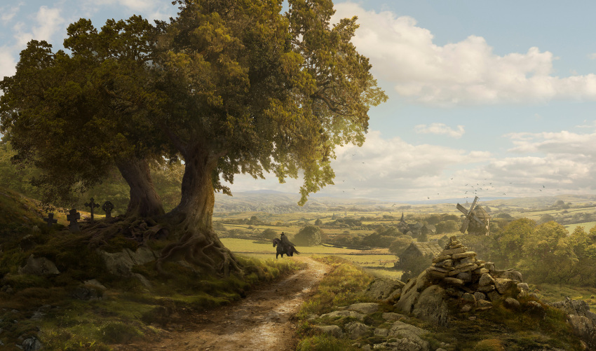 1boy blue_sky celtic_cross clouds cloudy_sky cross grave guillem_h_pongiluppi highres horse landscape original outdoors path sky tombstone tree windmill