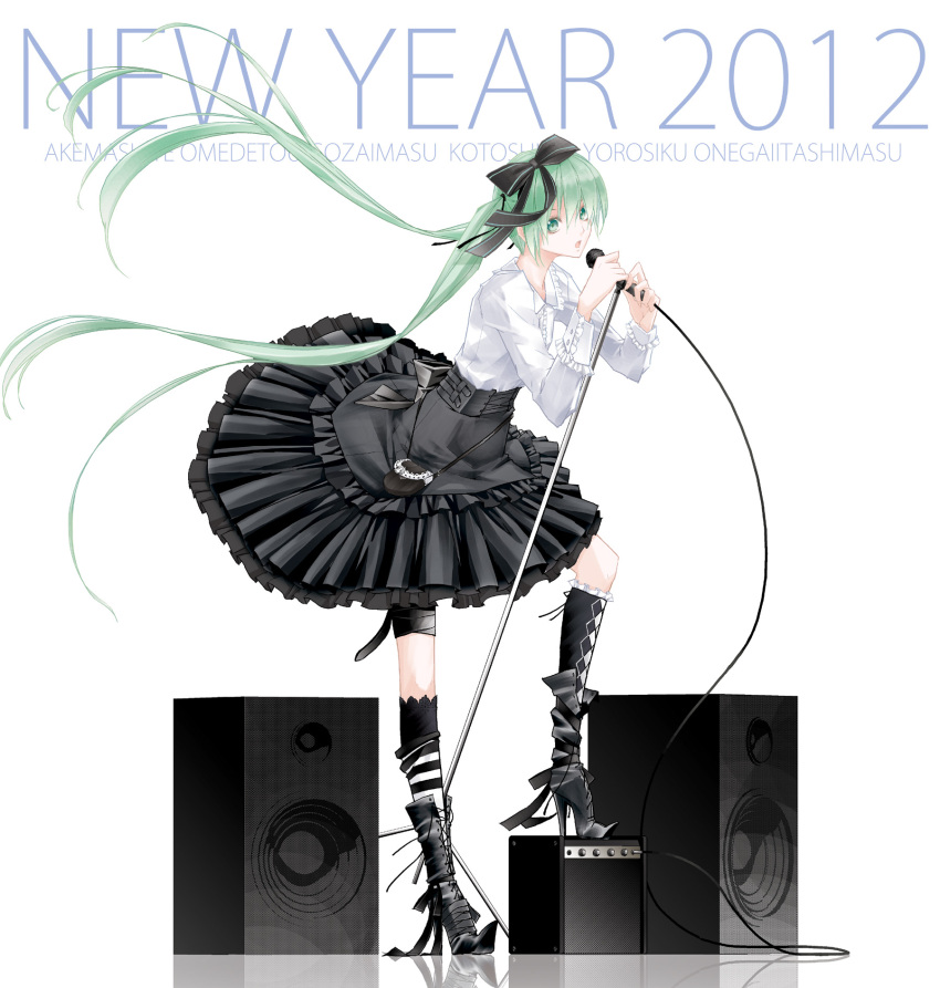 2012 amplifier aqua_eyes aqua_hair boots green_eyes green_hair hatsune_miku high_heel_boots high_heels highres kneehighs long_hair microphone microphone_stand new_year shachiku shoes simple_background skirt solo speaker twintails very_long_hair vocaloid white_background