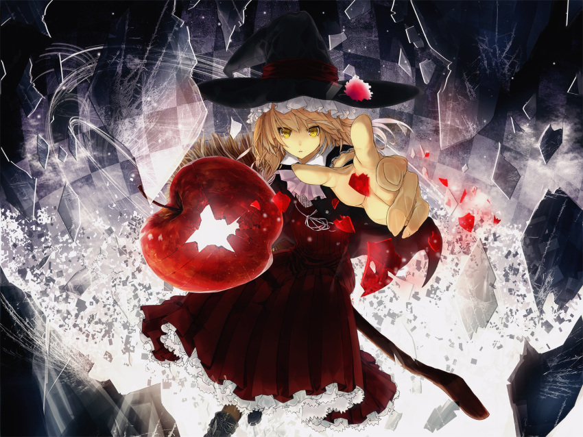 apple bad_apple!! blonde_hair broom dress food fruit hat kirisame_marisa muso-comet riding solo touhou witch witch_hat