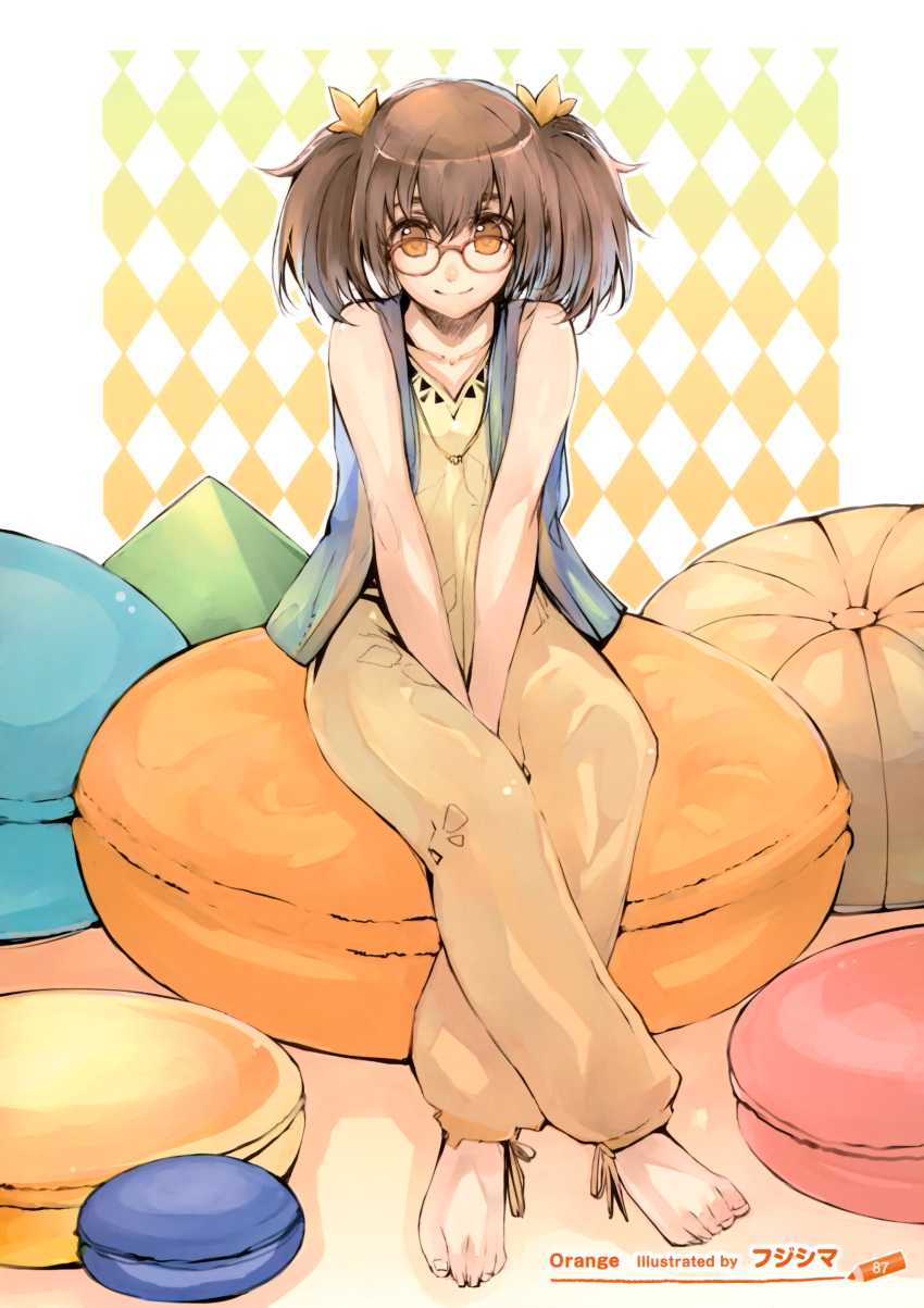 absurdres bare_shoulders barefoot brown_hair copyright_request feet female fujishima glasses hair_ornament highres necklace orange orange_eyes pillow scan short_hair sitting sleeveless solo twintails yellow_shirt