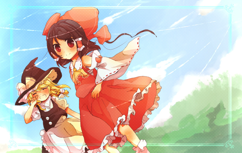 ^_^ apron armpits ascot blonde_hair blush bow braid brown_hair closed_eyes detached_sleeves eyes_closed frilled_skirt grin hair_bow hair_tubes hakurei_reimu hand_on_hip hat hat_ribbon hips japanese_clothes kirisame_marisa miko nanahamu open_mouth outdoors pointing red_eyes ribbon short_hair short_sleeves side_braid single_braid smile touhou twintails white_legwear wind witch witch_hat