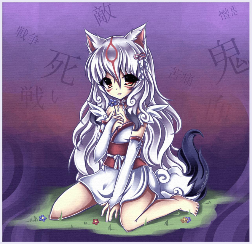 amaterasu animal_ears bare_shoulders barefoot breasts elbow_gloves facial_mark flower gloves grass hair_ornament highres japanese_clothes jewelry kanji kimono long_hair midna01 necklace obi okami ookami_(game) parted_lips personification purple_background red_eyes signature silver_hair sitting solo tail translated very_long_hair wolf_ears wolf_tail
