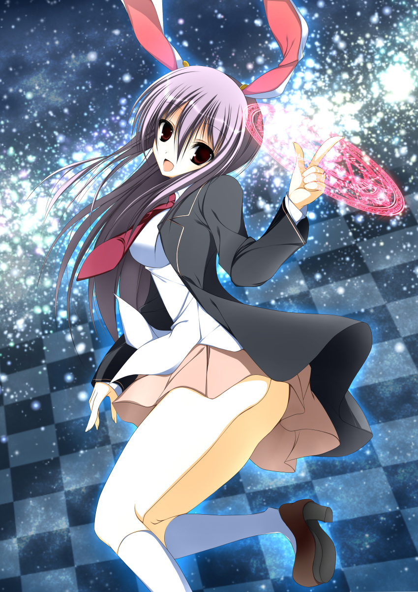 absurdres animal_ears breasts bunny_ears checkered checkered_background highres long_hair magic_circle nanahosi_seiiki necktie no_panties purple_hair red_eyes reisen_udongein_inaba skirt smile solo space touhou